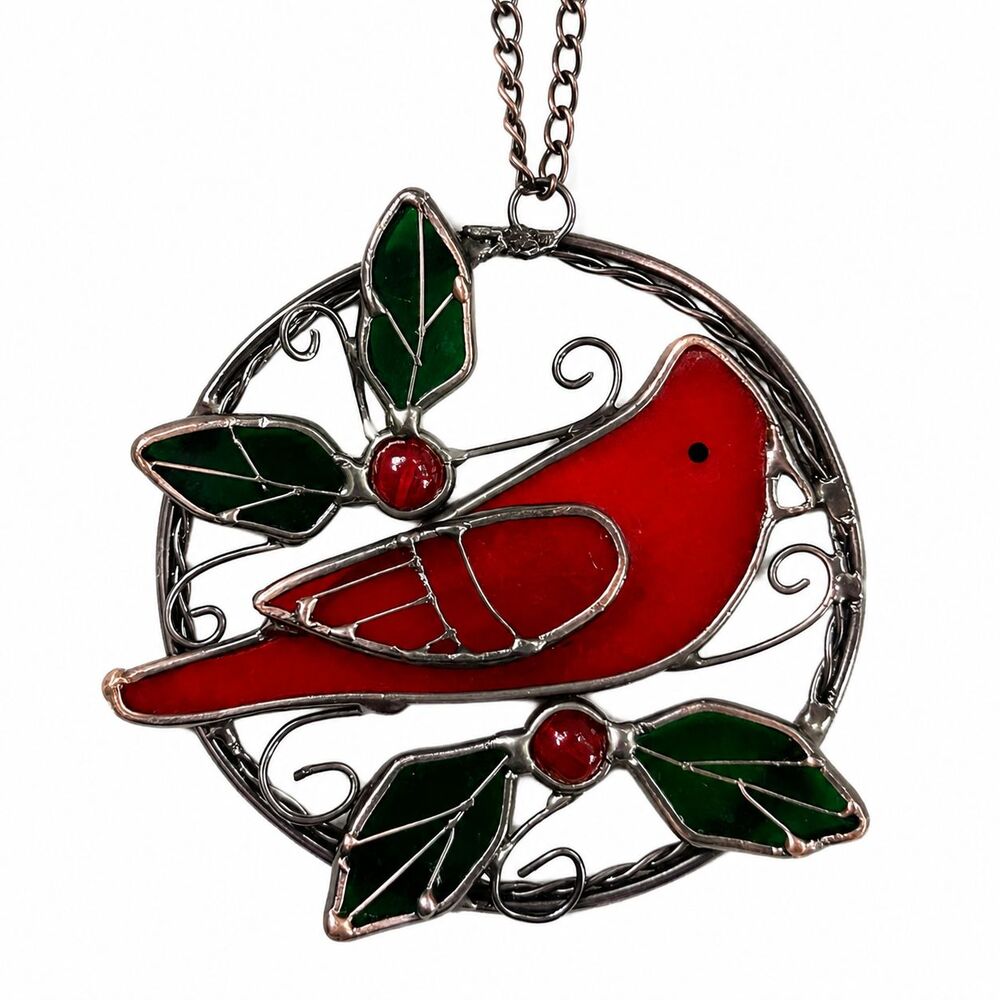 Stained Glass Sun Catcher Cardinal Bird Holly Holidays Seasonal Window Decor